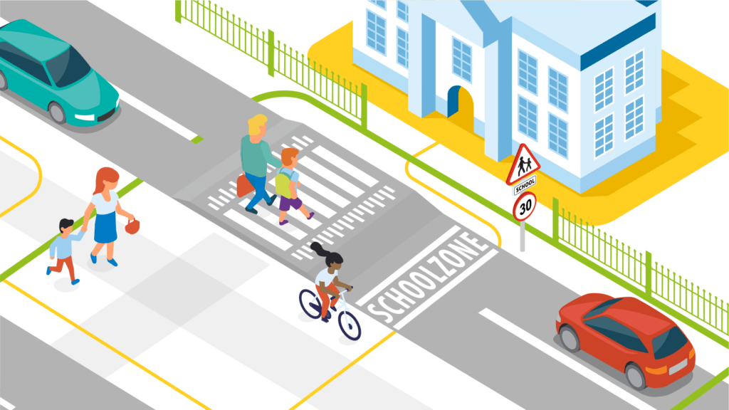 Isometrische overzicht scene: auto's, voetgangers en fietser bij schoolgebouw