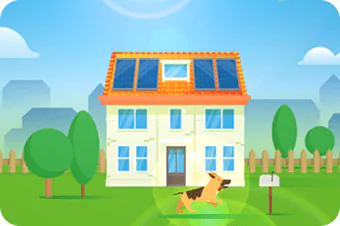 Hond rent langs huis met bomen, zonnepanelen en zonneschijn